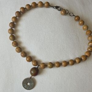 Wooden Bead Necklace with Coin Pendant Asain